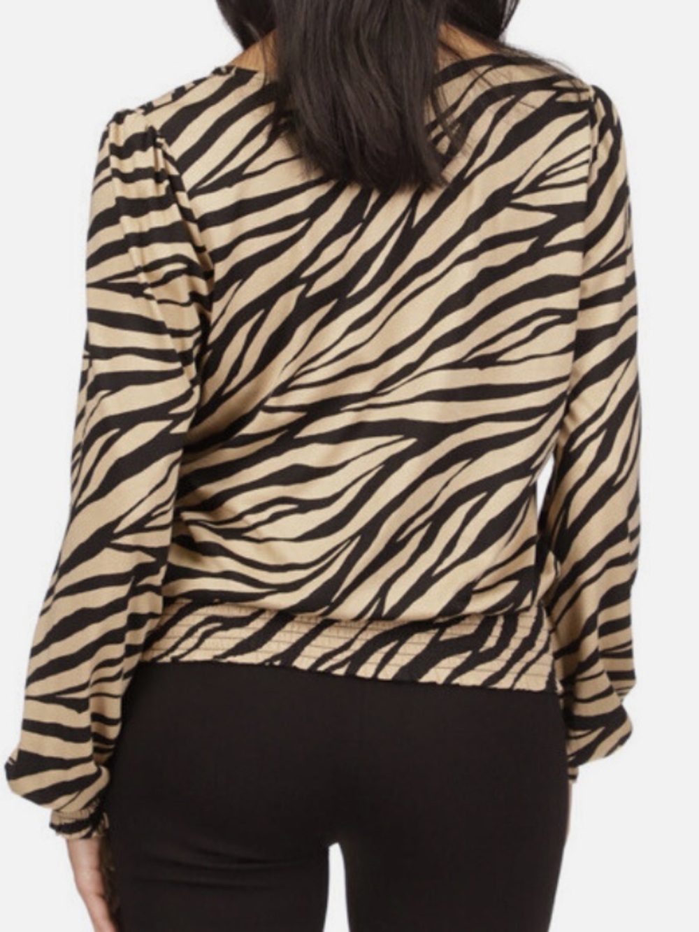 MICHAEL KORS Long Sleeve Tan & Black Zebra Print Smocked Waist Top--NWT--PL - Picture 4 of 15